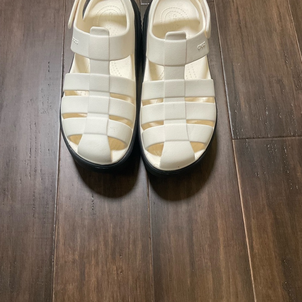Crocs Stomp Fisherman Sandals Thick Chunky Heel Chalk White Black Sole US 9